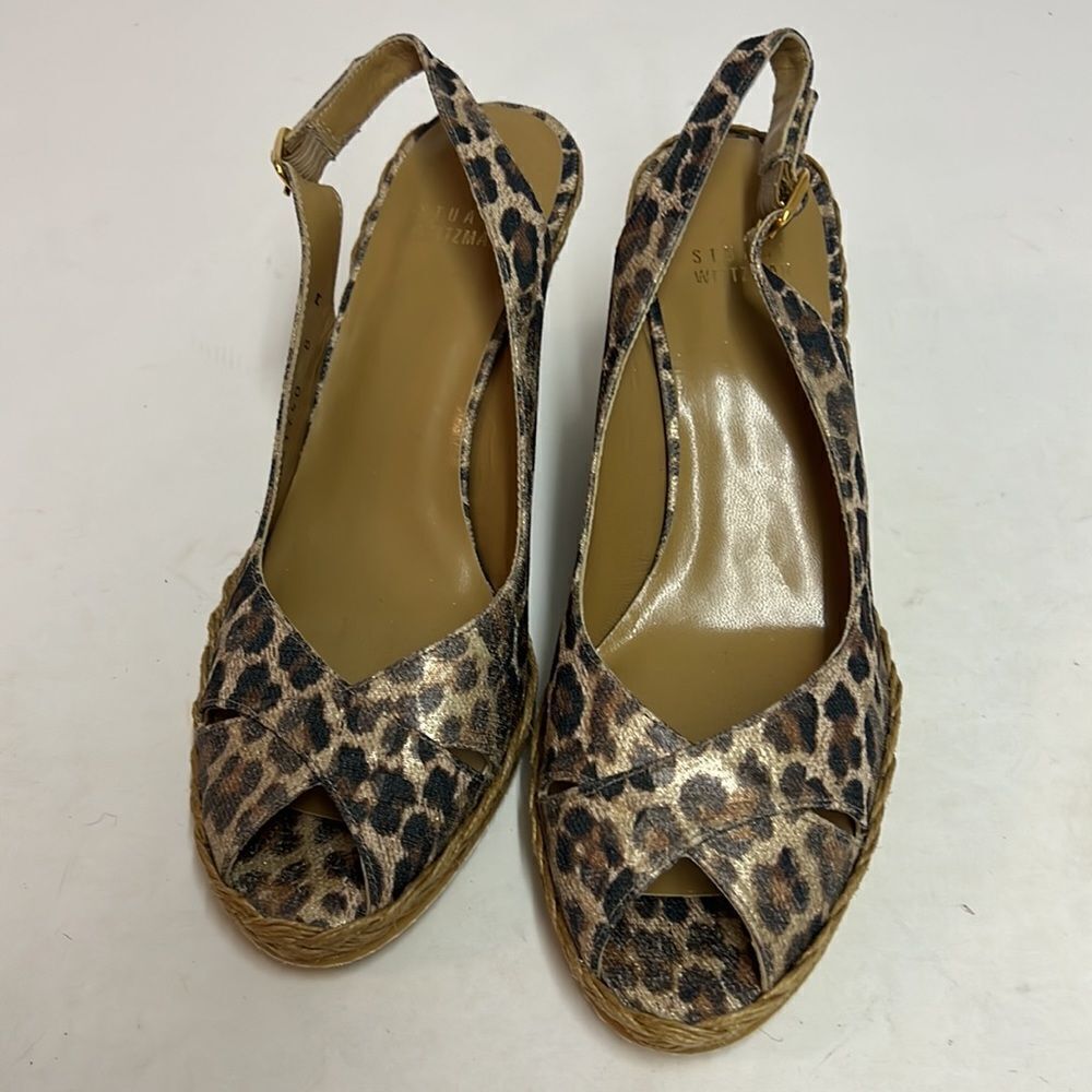 Stuart Weitzman Brown Leopard‎ Print Sling Back Espadrille Wedges 8M D15 - Picture 3 of 9